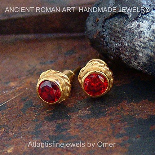 Turkish Garnet Earrings Handmade Designer Jewelry By Omer 925 Sterling Silver 24 k Yellow Gold Plated