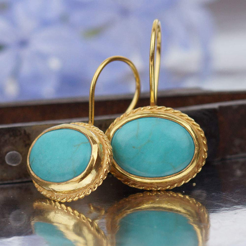 Turkish Turquoise Earring Handmade Designer Jewelry By Omer 925 Sterling Silver 24 k Yellow Gold Plated