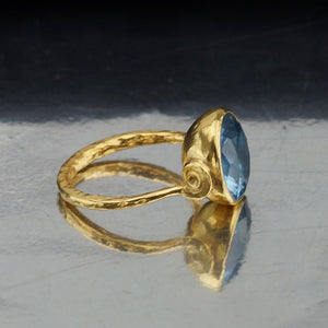 925 Sterling Silver Roman Art Handmade Large Stack Blue Topaz Ring 24k Gold Verm