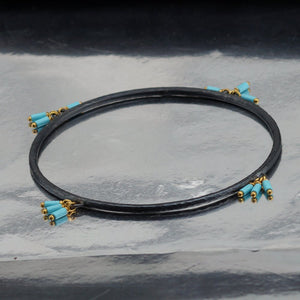 Sterling Silver 925k Handmade Hammered Oxidized Bangle W/ Long Turquoise Charms
