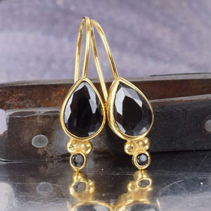 Turkish Black Onyx Earrings Handmade Designer Jewelry By Omer 925 Sterling Silver 24 k Yellow Gold Plated