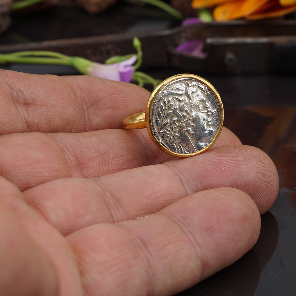 Handcrafted Sterling Silver 925k by Omer 24k Gold Vermeil Ancient Roman Art Alexander 2 Tone Coin Ring Turkish Jewelry