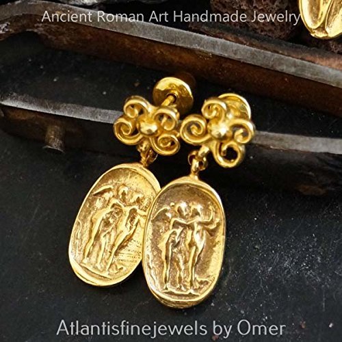 Turkish Butterfly Coin Earrings Handmade Designer Jewelry By Omer 925 Sterling Silver 24 k Yellow Gold Plated