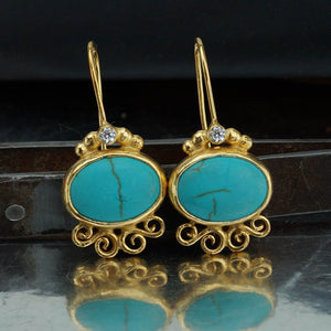 Turkish Turquoise Earrings Handmade Designer Jewelry By Omer 925 Sterling Silver 24 k Yellow Gold Plated