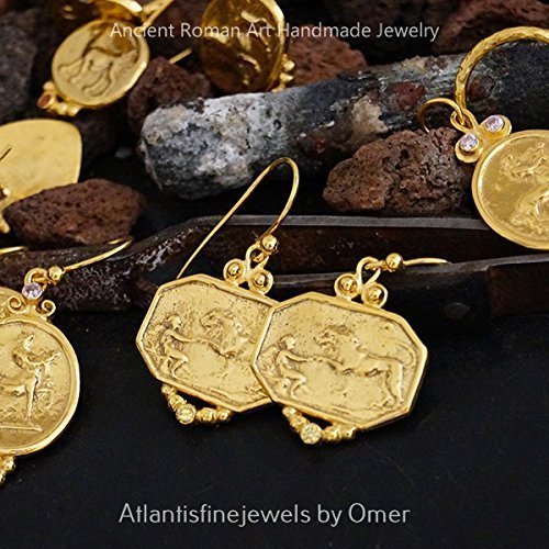 Omer 925k Sterling Silver Handmade Roman Art Yellow Topaz Lion Coin Earrings