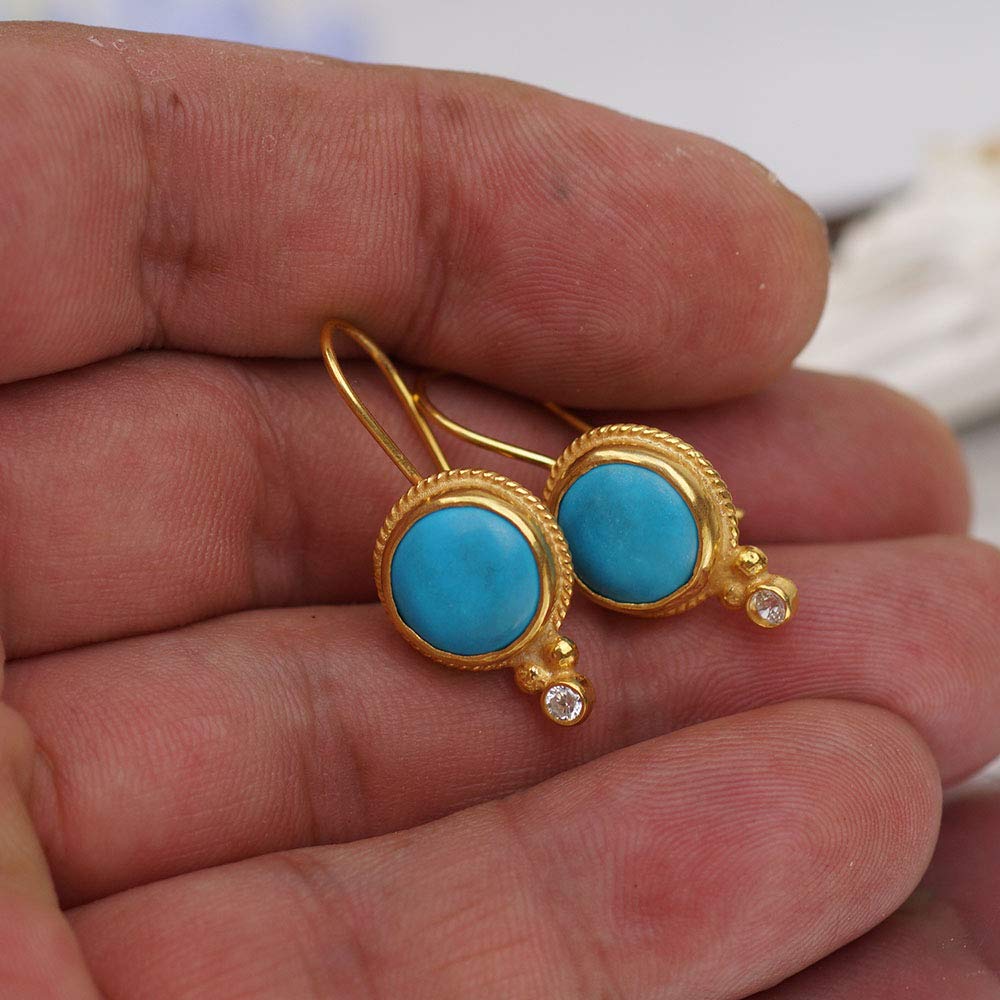 Roman Art 925 Sterling Silver Turquoise Earrings w/White Topaz 24k Gold Plated Omer Handmade Turkish Fine Jewelry