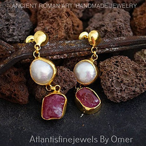 *MADE TO ORDER* 925 Silver Unique Raw Red Ruby & Pearl Designer Earrings By Omer