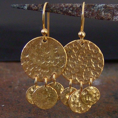 Turkish Hammered Earrings Handmade Designer Jewelry By Omer 925 Sterling Silver 24 k Yellow Gold Plated