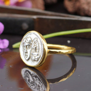 Sterling Silver 925k Ancient Greek Art 2 Tone Coin Ring Handcrafted Turkish Jewe