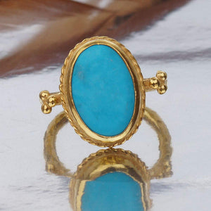 Omer 925 k Sterling Silver Roman Art Turkis Turquoise Ring 24 k Gold Over Plated