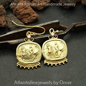Omer 925 Sterling Silver Fine Granulated Art White Topaz Coin Hook Gold Earrings