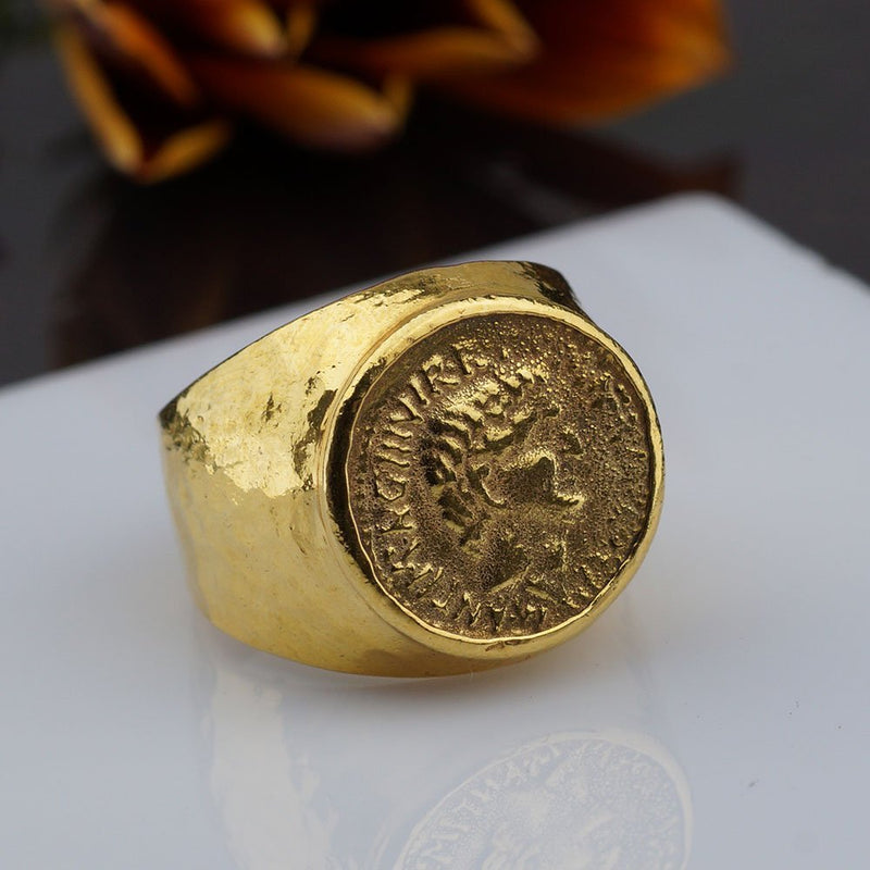 925 Sterling Silver Large Coin Men's Ring Handmade Hammered Jewelry 24k Gold Plt
