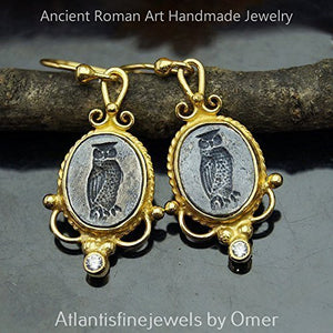 Roman Art Owl Coin 2 Tone Earrings 925 k Sterling Silver 24k Gold Vermeil Roman Art Turkish Fine Jewelry