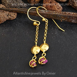 Roman Art Raw Ruby Designer Earrings By Omer 24 k Yellow Gold Over 925 Silver