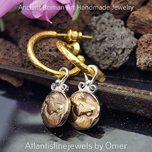 Hoop Earrings W/ Horse Charm 24k Gold over 925 Fine Silver By Omer Hammered Work
