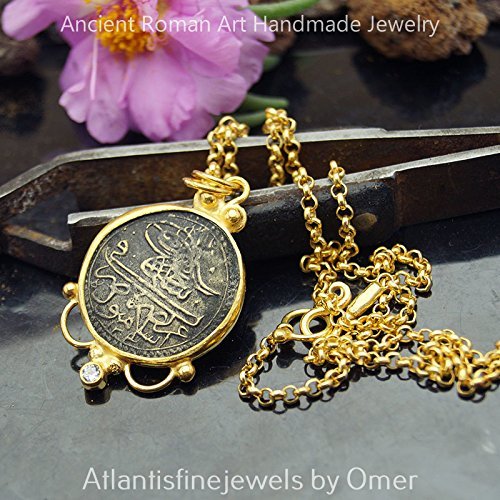 Omer Handmade Ottoman Script Coin Pendant W/ Chain 24 K Gold Over Fine Sterling