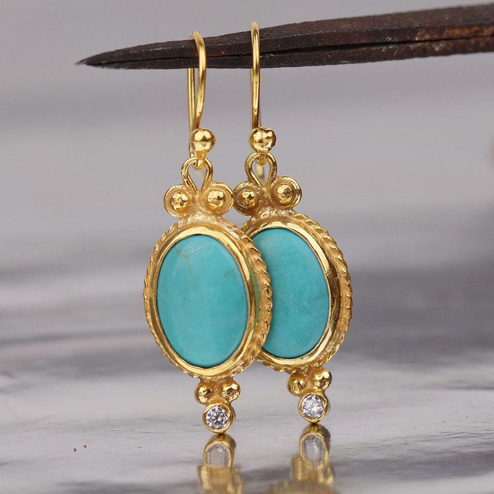 Turkish Turquoise Earrings Handmade Designer Jewelry By Omer 925 Sterling Silver 24 k Yellow Gold Plated