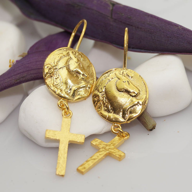 Turkish Horse Coin Earrings Handmade Designer Jewelry By Omer 925 Sterling Silver 24 k Yellow Gold Plated