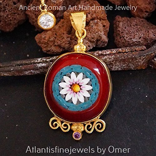 Roman Art Unique Micro Mosaic Amethyst Pendant 24k Gold Over 925 Silver By Omer