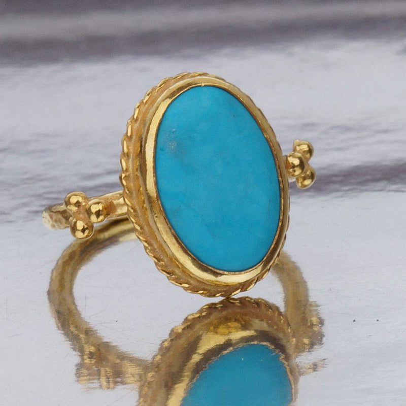 Omer 925 k Sterling Silver Roman Art Turkis Turquoise Ring 24 k Gold Over Plated