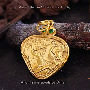 Chrome Diopside Coin Pendant Handmade By Omer 24 K Gold Over 925 Sterling Silver