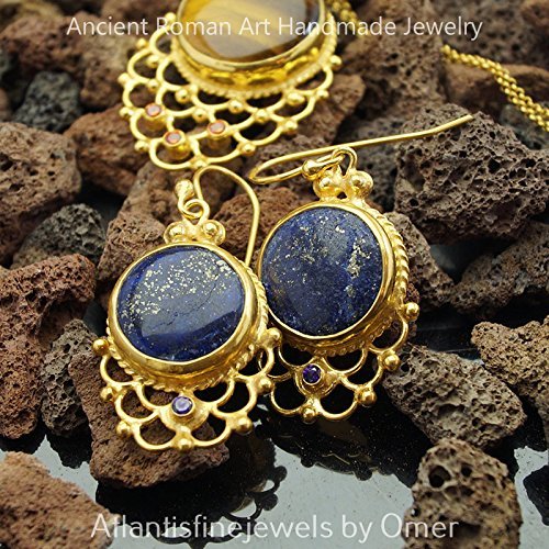 Omer 925 Silver Handcrafted Turkish Jewelry Lapis & Amethyst Fine Gold Earrings