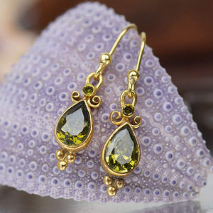 Sterling Silver Granulated Roman Art Pear Peridot Earrings 24k Gold Plated Fine Handcrafted Jewelry