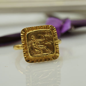 Sterling Silver 925k Roman Art Handmade Square Coin Ring By Omer 24k Gold Plated