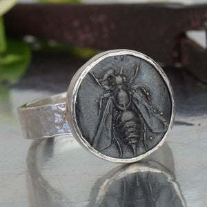 Turkish Oxidized Bee Coin Ring Handmade Designer Jewelry By Omer 925 Sterling Silver 