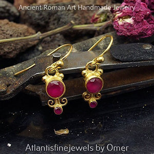 Red Topaz Hook Turkish Handmade Earrings 925 k Sterling Silver 24k Gold Vermeil