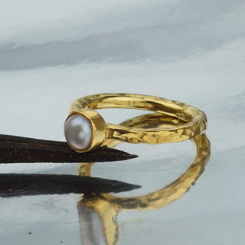 1 Pcs White Pearl Ring 925 k Sterling Silver 24k Yellow Gold Vermeil, Turkish Je