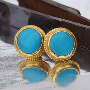 Turkish Turquoise Stud Earrings Handmade Designer Jewelry By Omer 925 Sterling Silver 24 k Yellow Gold Plated