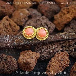 Ancient Roman Art Coral Stud Earrings By Omer 24 k Gold Over Sterling Silver