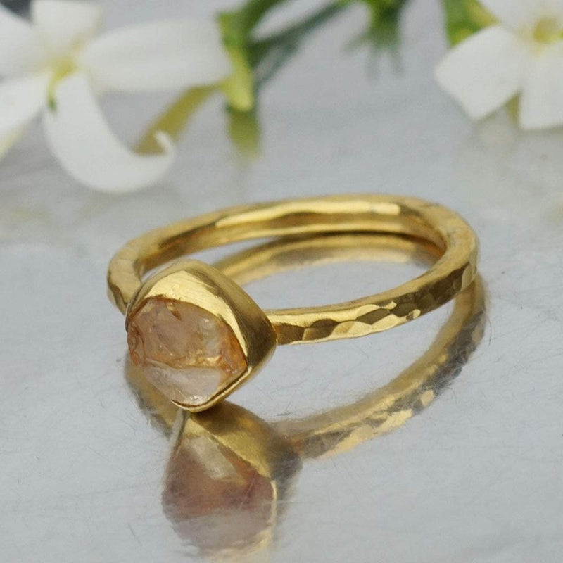Omer Natural Raw/uncut Citrine Stacking Ring Handcrafted Hammered 24K Yellow Gol