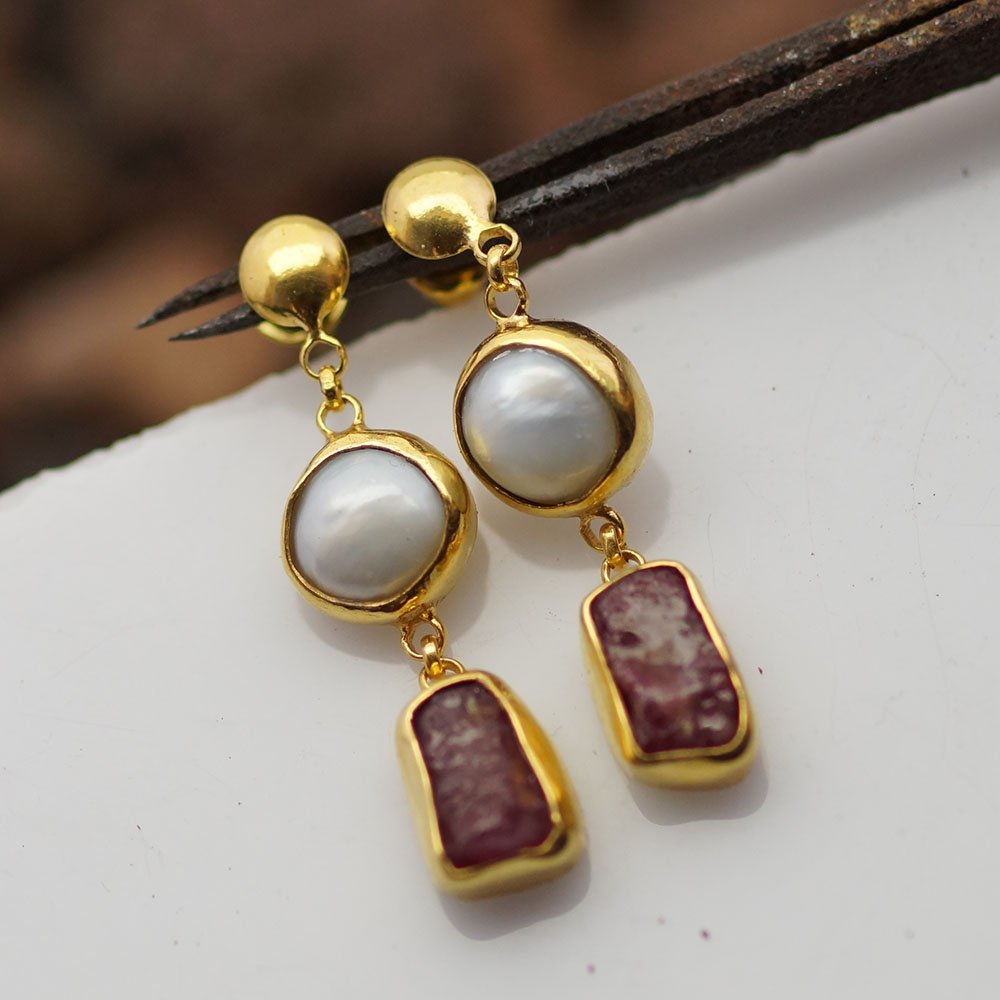 Turkish Rough Ruby Earrings Handmade Designer Jewelry By Omer 925 Sterling Silver 24 k Yellow Gold Plated