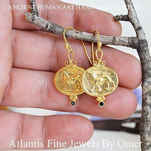 Lion Coin Onyx Earrings 925 k Sterling Silver 24k Gold Vermeil Handmade By Omer