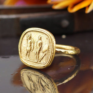 Turkish Bronze Coin Ring Handmade Designer Jewelry By Omer 925 Sterling Silver 24 k Yellow Gold Plated