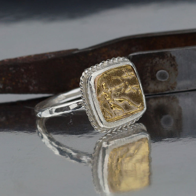Sterling Silver 925k 2 Tone Handcrafted Square Roman Art Coin Ring By Omer 24k G