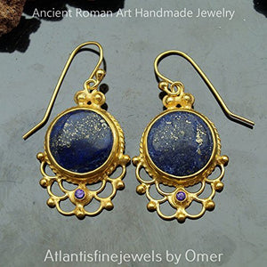 Omer 925 Silver Handcrafted Turkish Jewelry Lapis & Amethyst Fine Gold Earrings