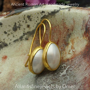 Roman Art Drop Pearl Earrings By Omer 24 k Yellow Gold Over 925 Sterling Silver