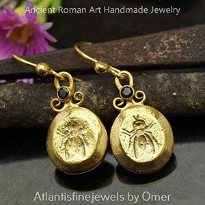 Turkish Fly Coin Earrings Handmade Designer Jewelry By Omer 925 Sterling Silver 24 k Yellow Gold Plated