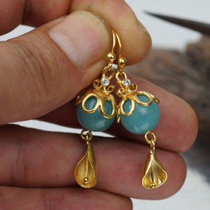 Hand Crafted Roman Art Chalcedony Earrings 925 Sterling Silver 24k Gold Vermeil Design By Omer