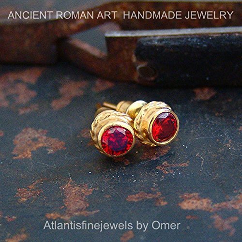 Omer 925k Silver Handmade Roman Art Garnet Stud Earrings 24k Gold Over Plated