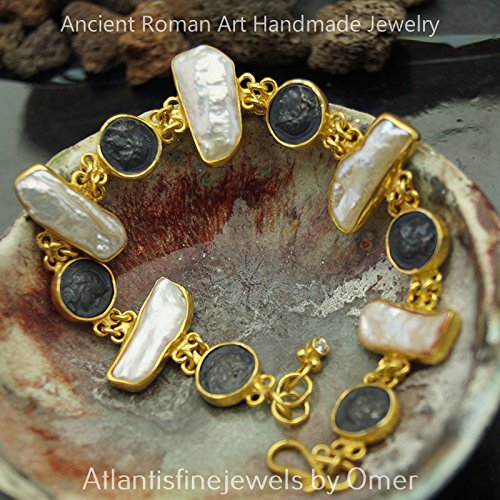 Handmade Ancient Roman Art Oxidized Coin & Pearl Bracelet By Omer 925k Sterling