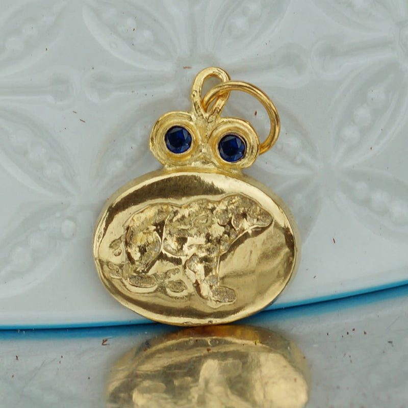 925 Sterling Silver Blue Iolite Bear Coin Pendant Turkish Handmade Fine Jewelry