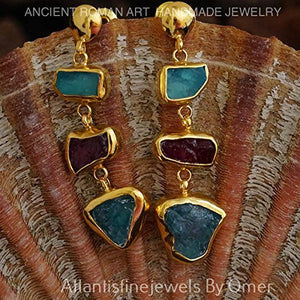 Omer 925 k Silver Unique Raw Red Ruby & Apatite Turkish Dangle Gold Earrings