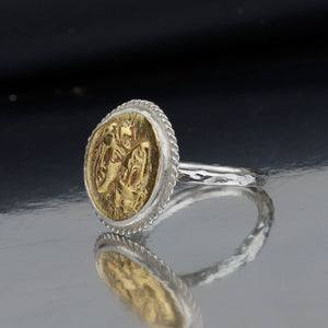 Sterling Silver 925k 2 Tone Handcrafted Greek Art Coin Ring By Omer 24k Gold Ver