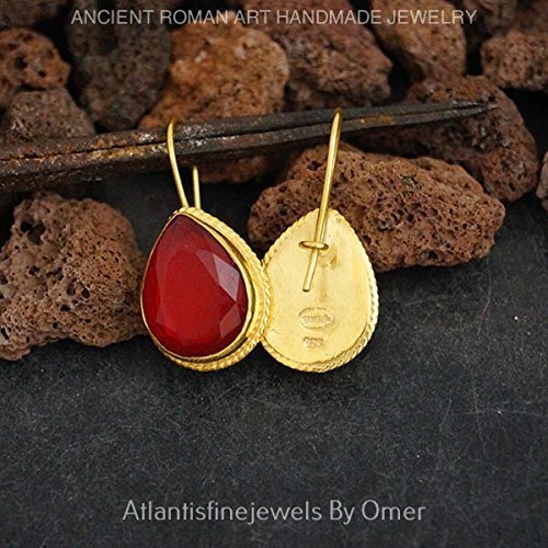 Handmade Red Jade Earrings 24 k Gold Over 925 k Silver By Omer