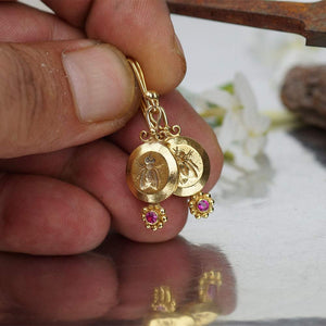 925 k Sterling Silver Roman Art Fly Coin Earrings w/Red Topaz 24k Gold Vermeil