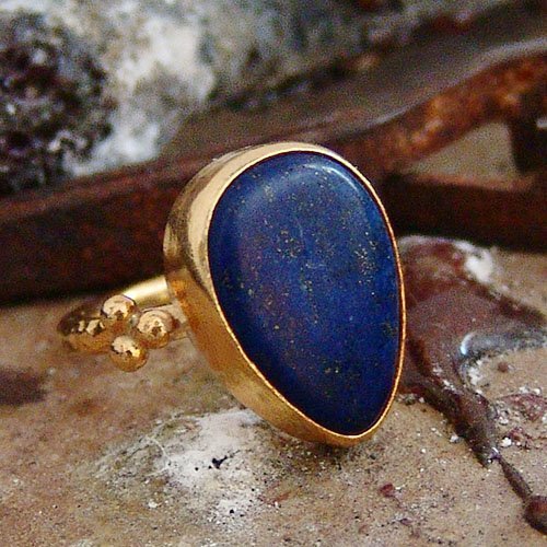 Turkish Lapis Ring Handmade Designer Jewelry By Omer 925 Sterling Silver 24 k Yellow Gold Plated